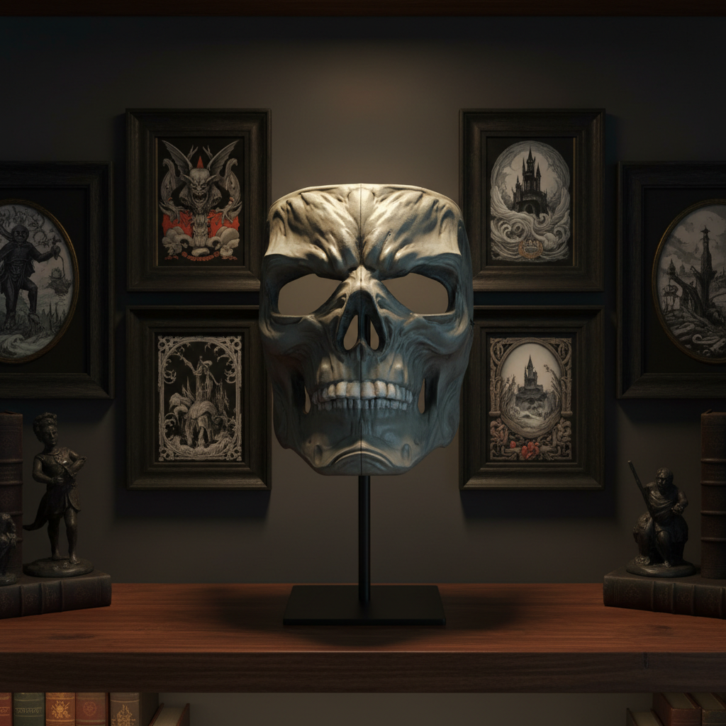 Gray gothic skull mask sculpture in a collector display