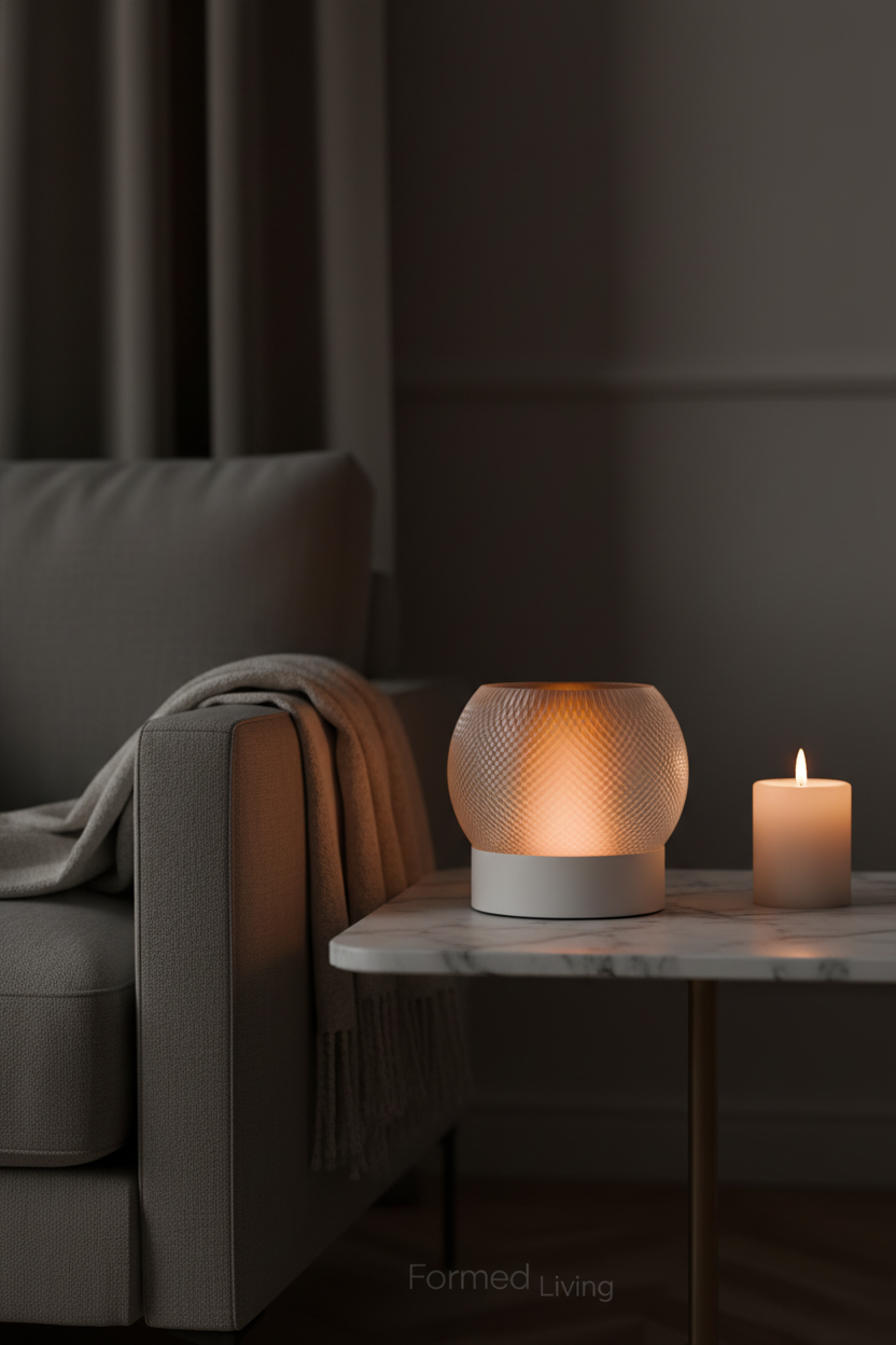 Textured Glow Orb Table Lamp white globe black base on marble side table moody living room