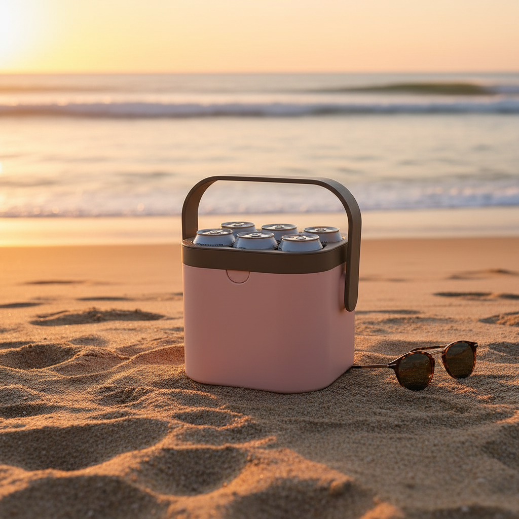 Dusty pink freezable can carrier on golden beach sand at sunset with sunglasses beside it