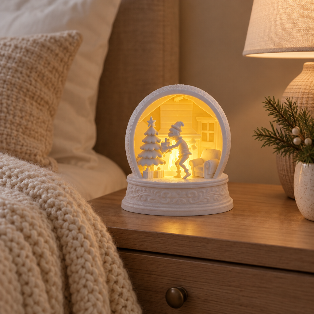 Grinch tealight holder on a bedside table in a calm neutral bedroom