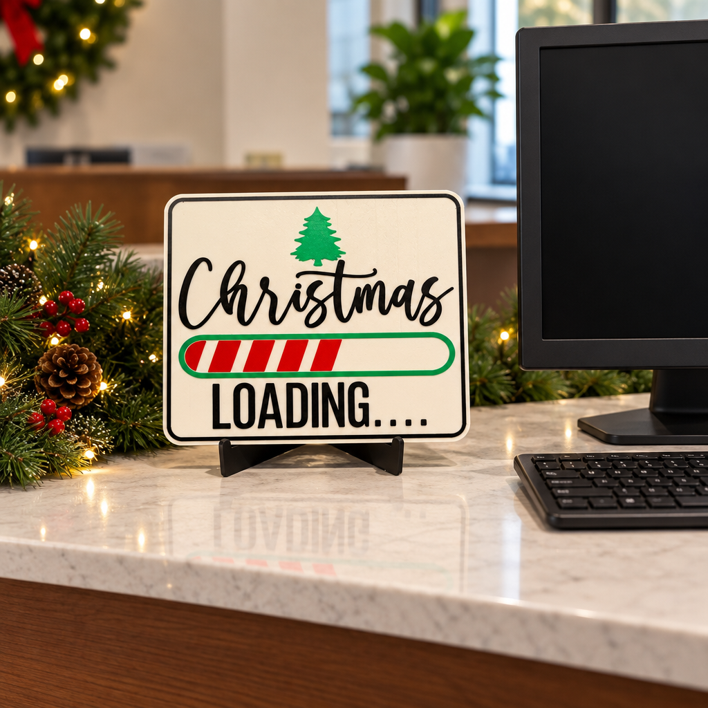 Christmas Loading Sign on a reception desk with a blank-screen monitor and greenery