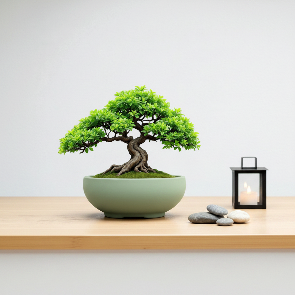 Sage green minimalist bonsai pot with bonsai tree on wooden shelf, Japanese zen lifestyle