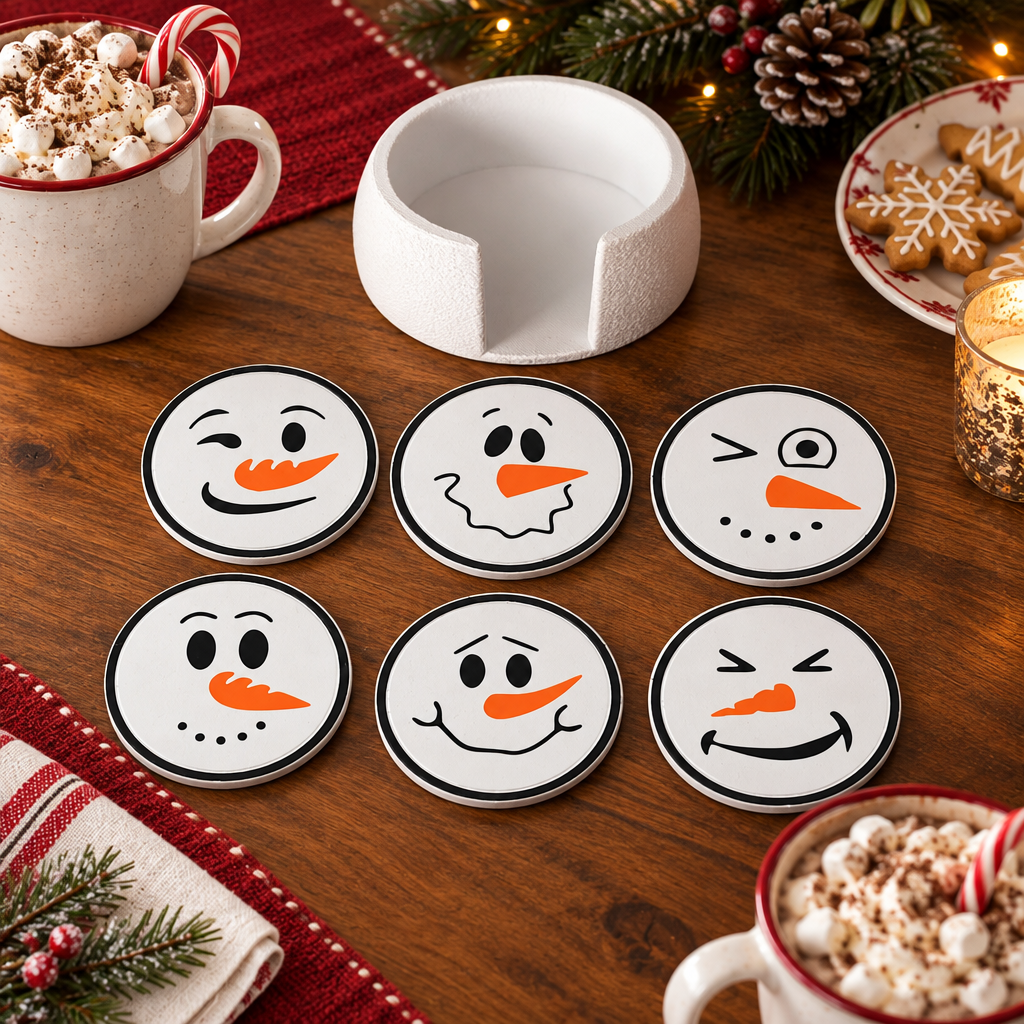 Snowman coasters on Christmas dining table