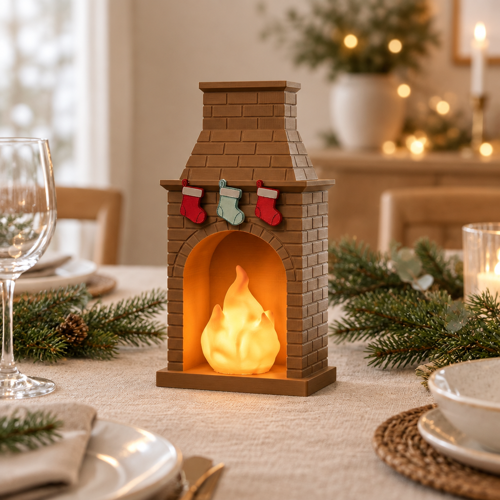 Christmas fireplace tealight holder as a festive dining table centerpiece