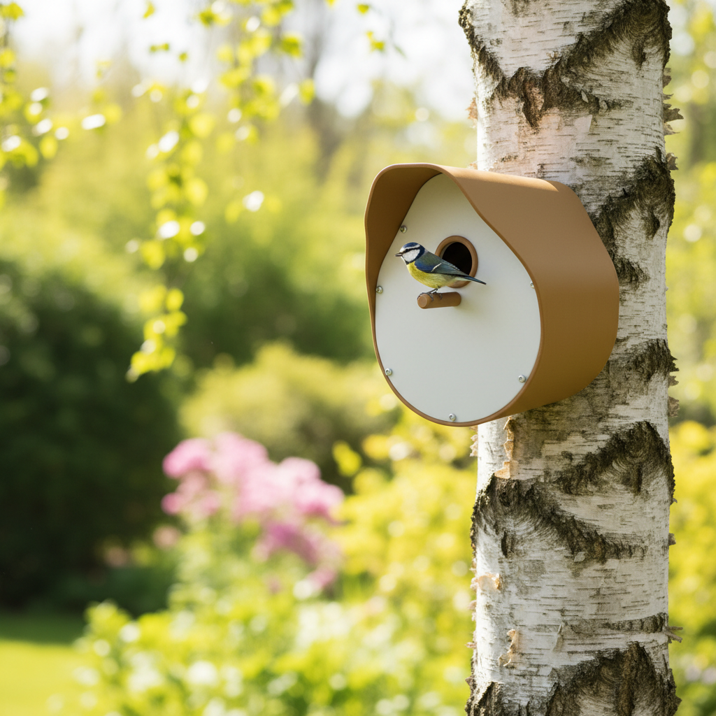 Modern curved birdhouse on birch tree trunk with bird perched at entry hole in spring garden