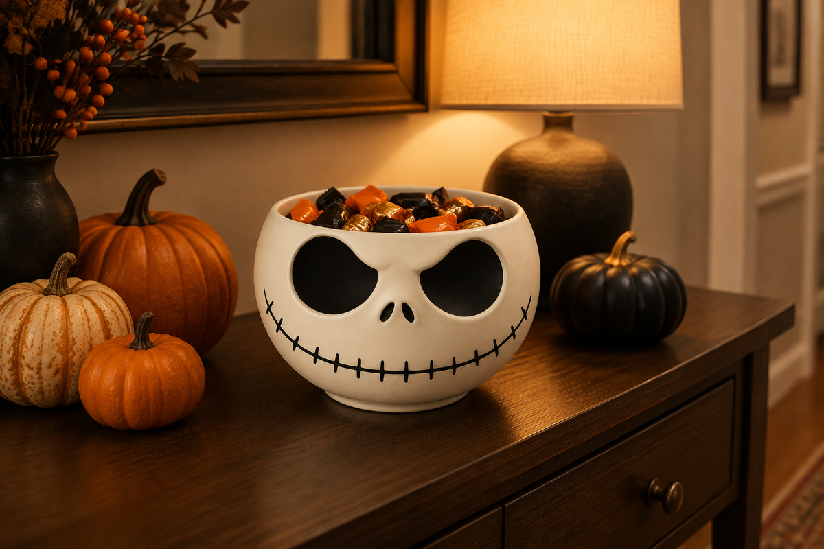 Cream-white skull-faced sweet bowl filled with wrapped candy on a dark wood console beside small pumpkins