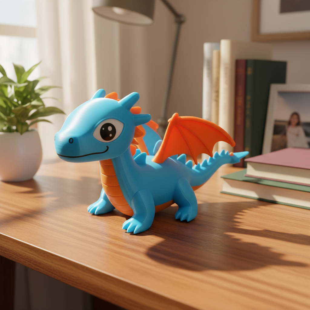 Little Charmkeeper Dragon Figurine - blue colourway on wooden desk with plant and books