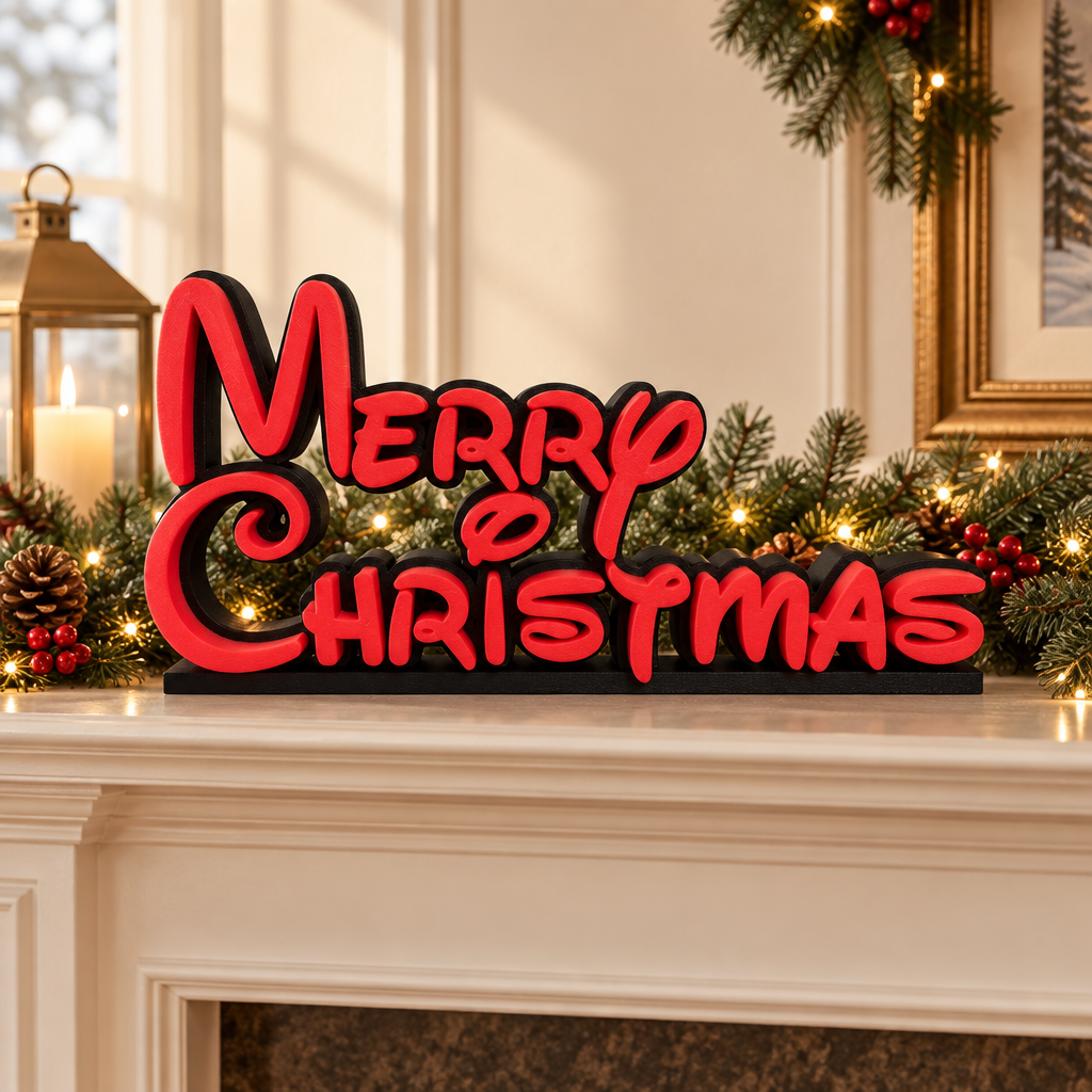 Red-on-black Merry Christmas sign displayed on a festive living-room mantel
