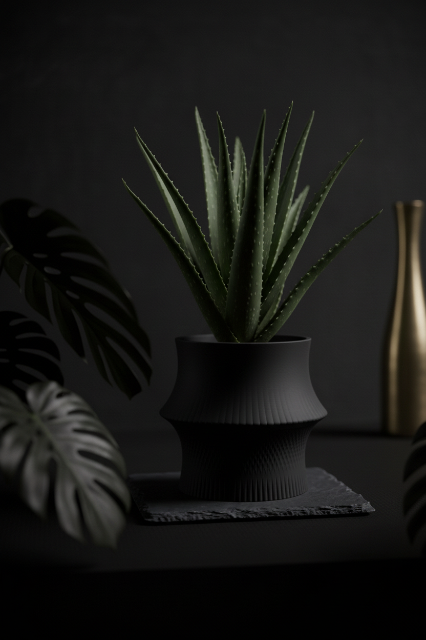 Charcoal black sculpted hourglass desk planter with aloe vera on dark slate shelf gold vase monstera moody luxury lifestyle