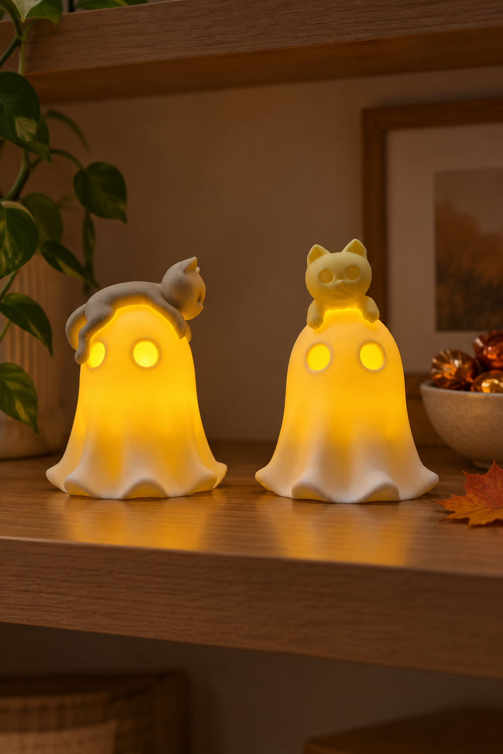 Pair of softly glowing ghost and cat tealight holders on a kitchen shelf with wrapped sweets and an autumn leaf