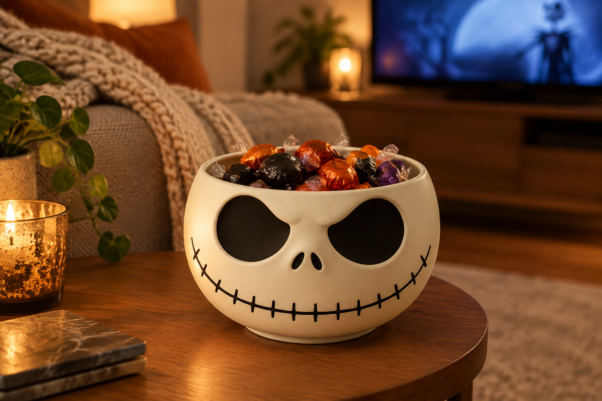 Skull-faced cream sweet bowl filled with wrapped treats on a cosy movie-night side table