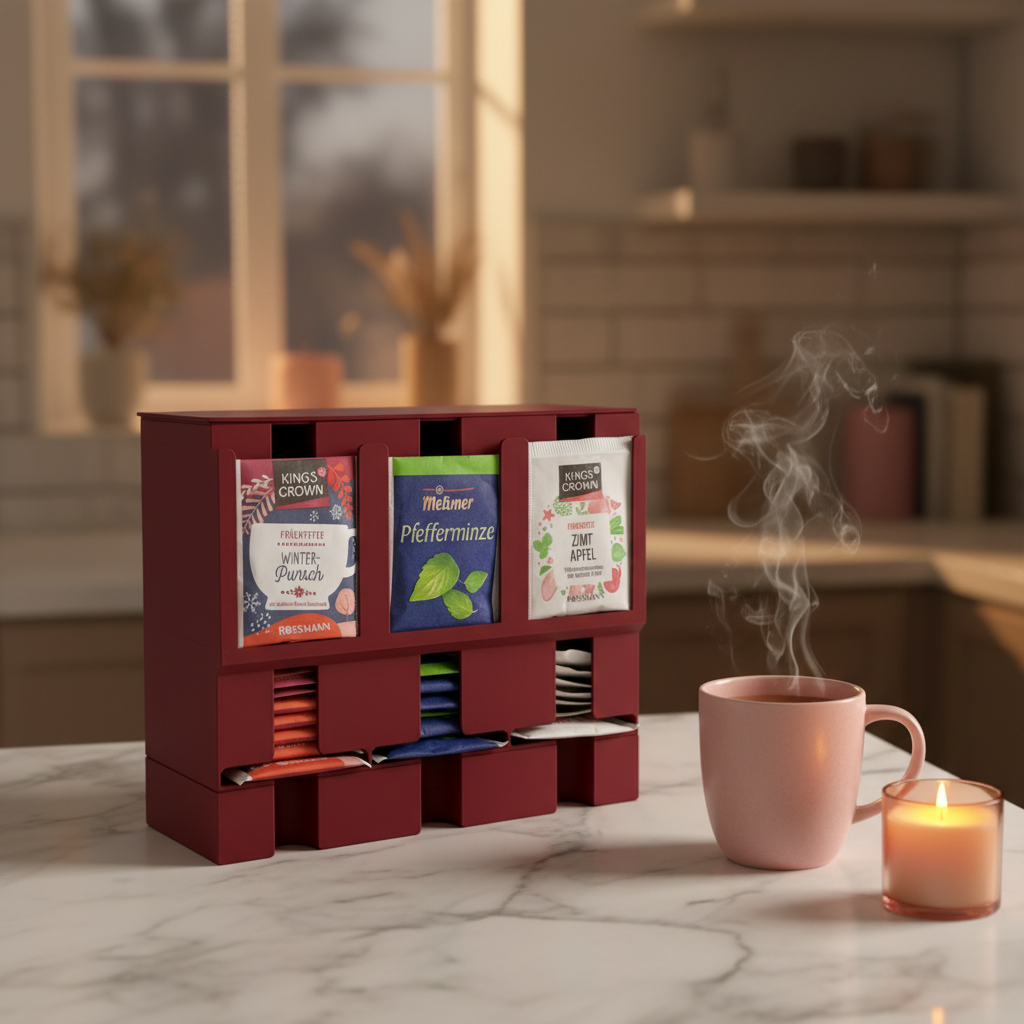 Stackable Tea Bag Dispenser - red colourway on marble counter with pink mug and candle