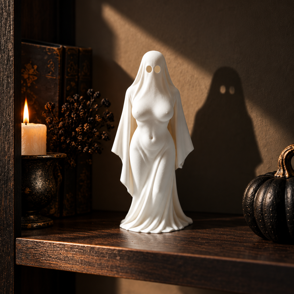 Ghost Lady figurine on a dark display shelf