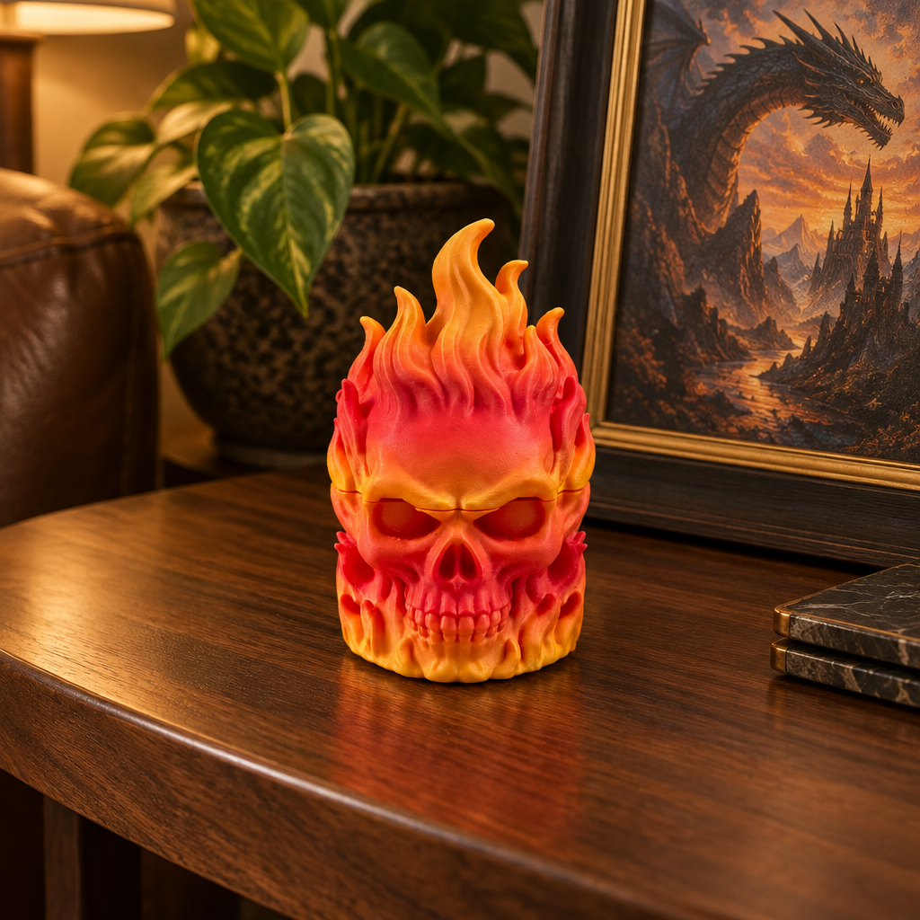 Flaming Skull Herb Grinder on walnut side table