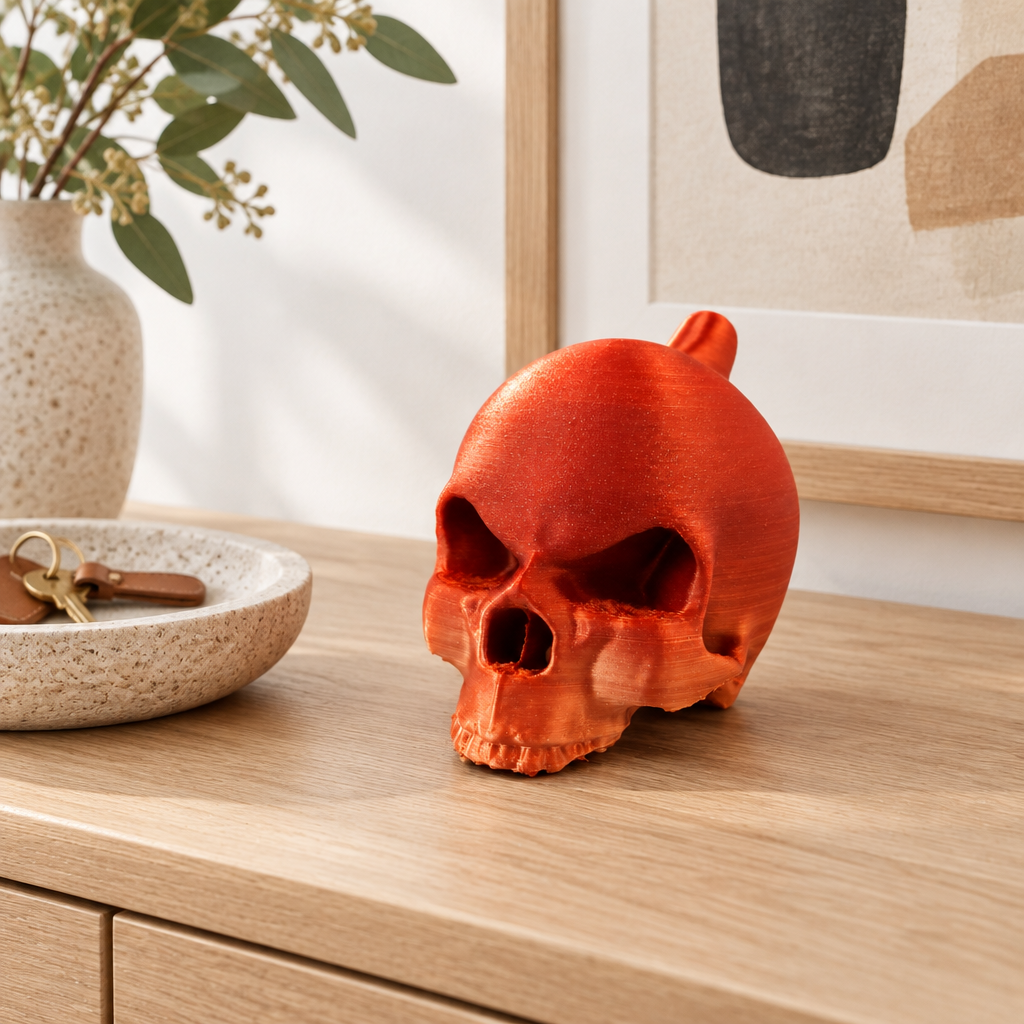 The orange skull ornament styled on a light oak entryway console with a neutral stone tray.