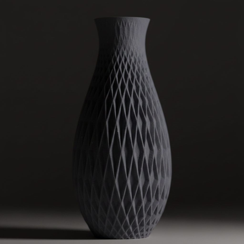 Textured Geometric Vase charcoal grey close up macro diamond lattice surface detail dramatic raking side light dark moody studio