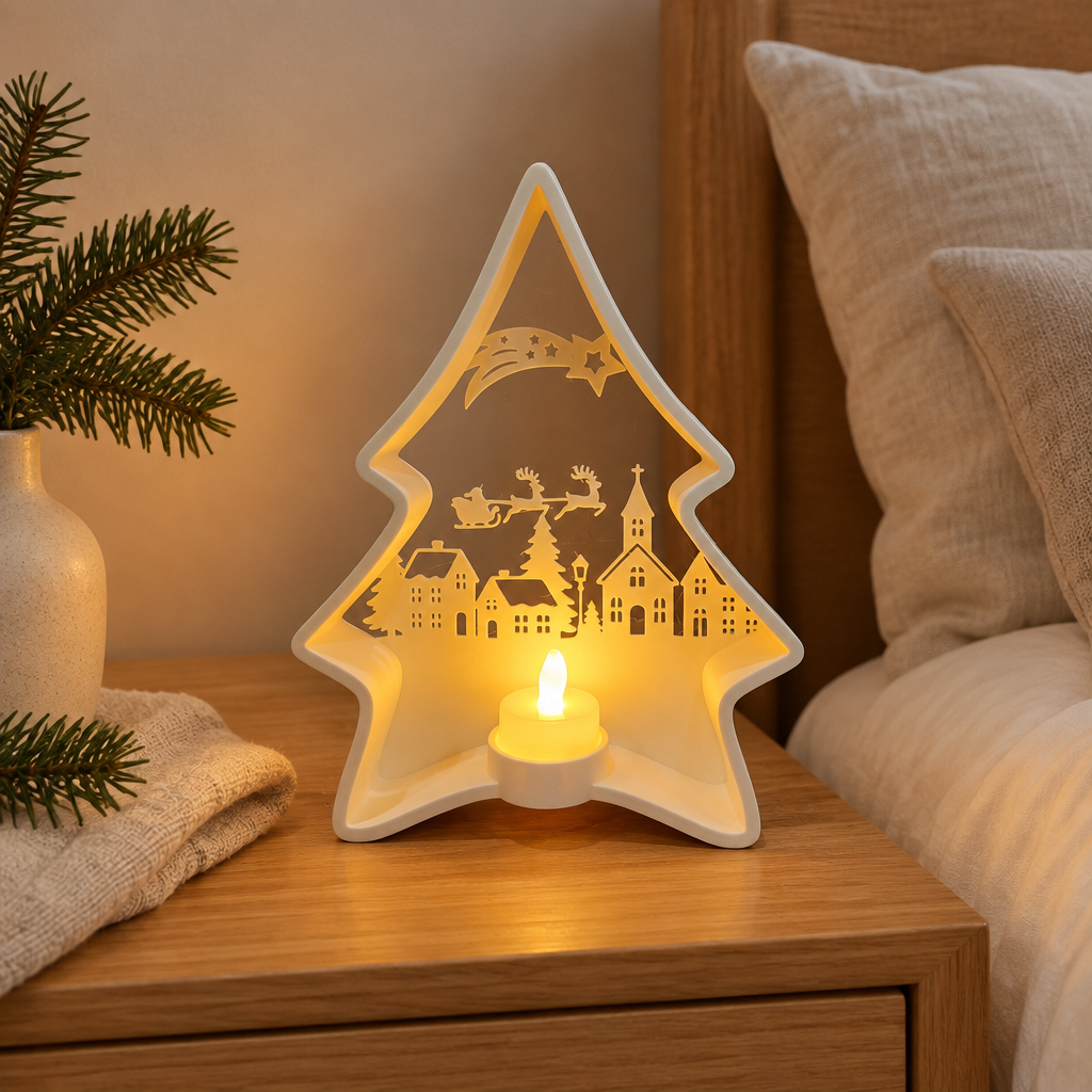 Christmas tree scene tealight holder styled beside soft neutral bedding