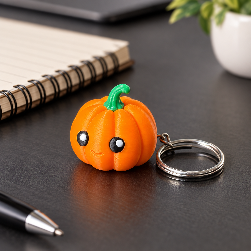 Pumpkin keychain clicker on charcoal desk