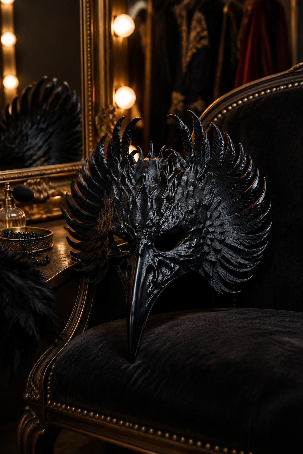 Black feathered Raven Mask on a velvet chair in a dressing area