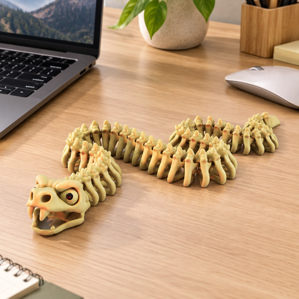 Bone-coloured Snake Skeleton fidget beside a laptop in a tidy workspace