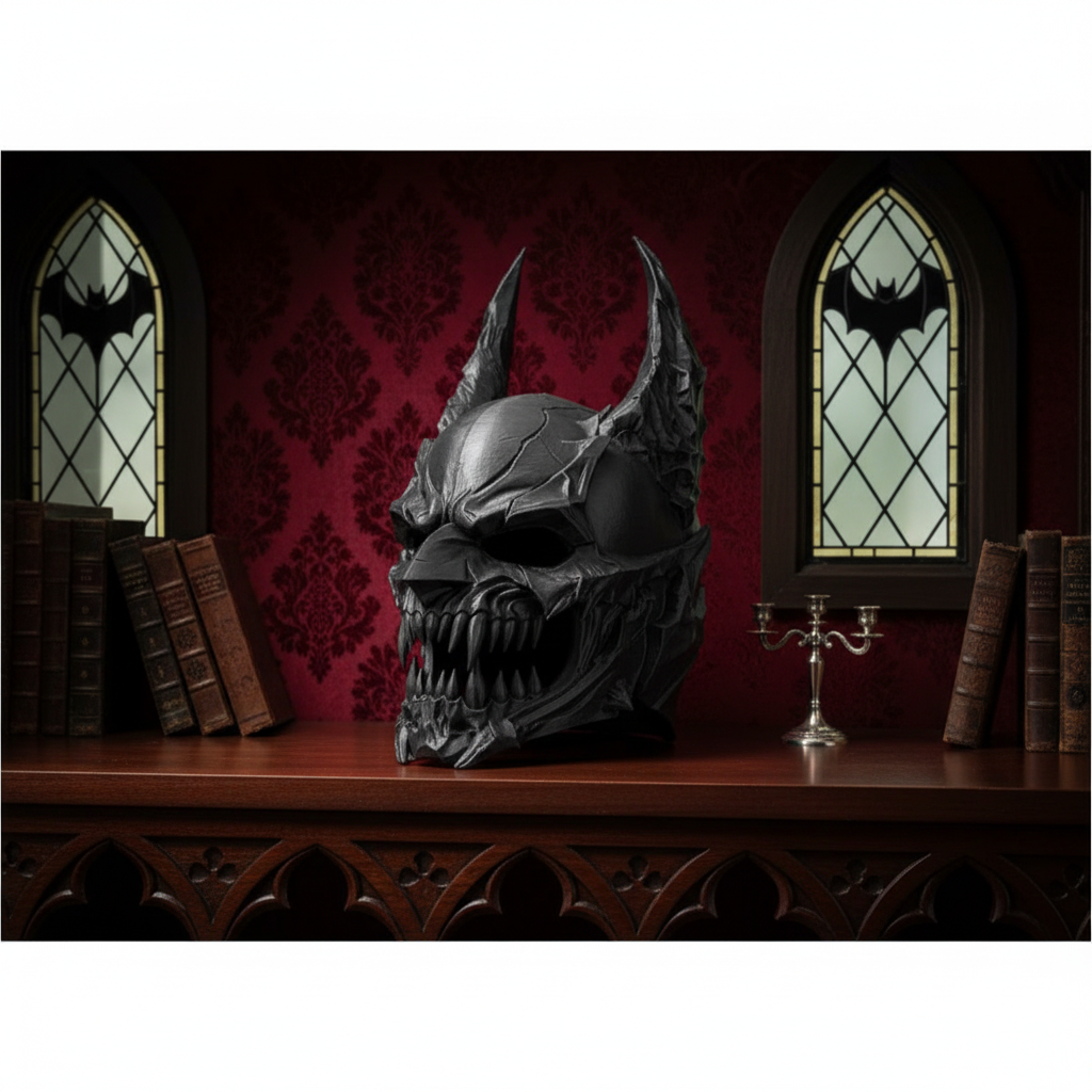 Deep charcoal Demon Skull Helmet Sculpture displayed on a dark wood gothic collector shelf