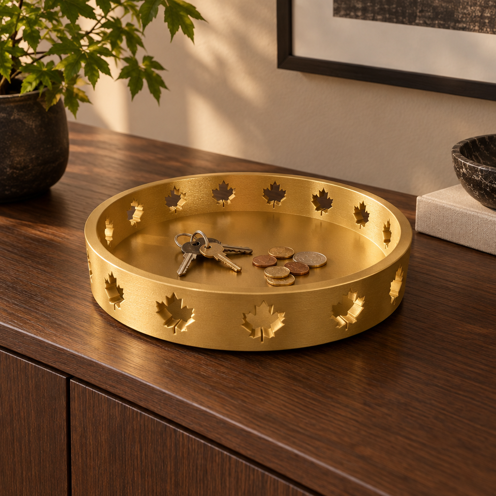 Solid gold round Autumn Tray with maple-leaf cutouts on a dark-oak sideboard