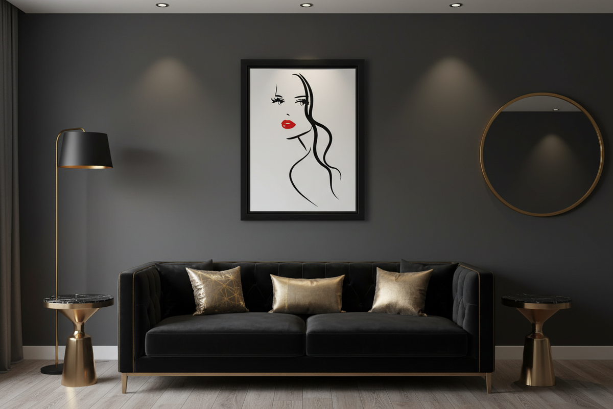 A Woman's Face Shadow Box on a charcoal wall in a contemporary living room with black velvet sofa and gold accents