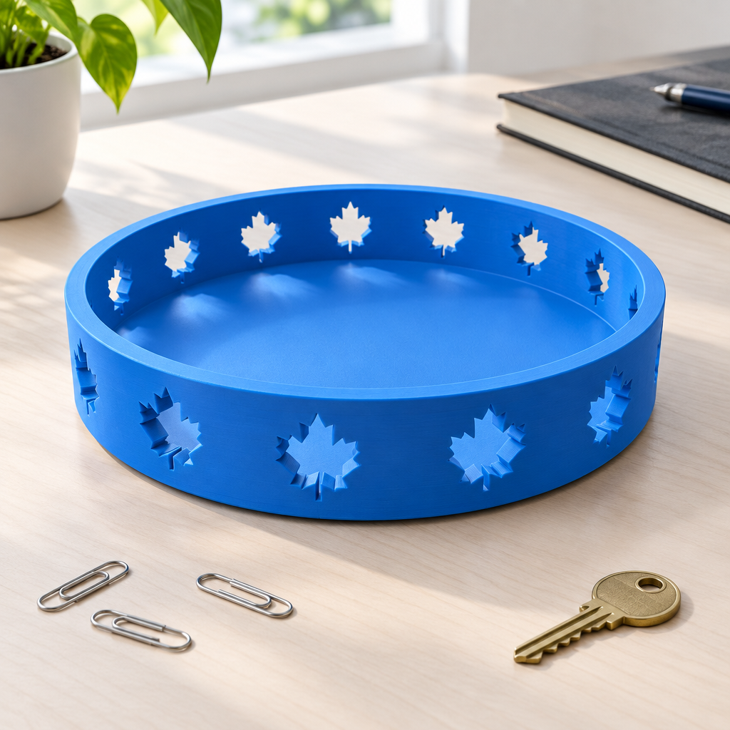 Solid blue round Autumn Tray with maple-leaf cutouts on a bright modern desk