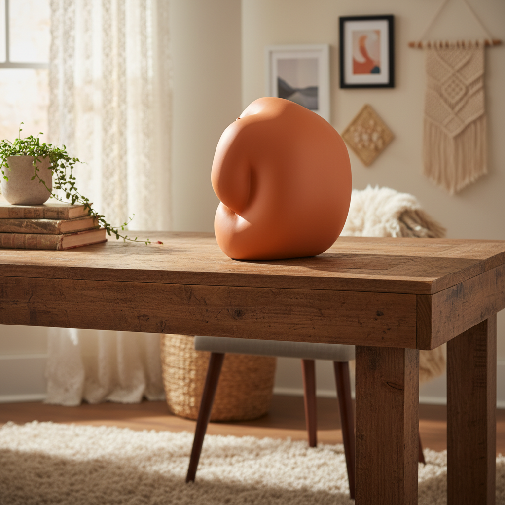Terracotta orange Orang Sculpture on a rustic wooden desk with books and a plant