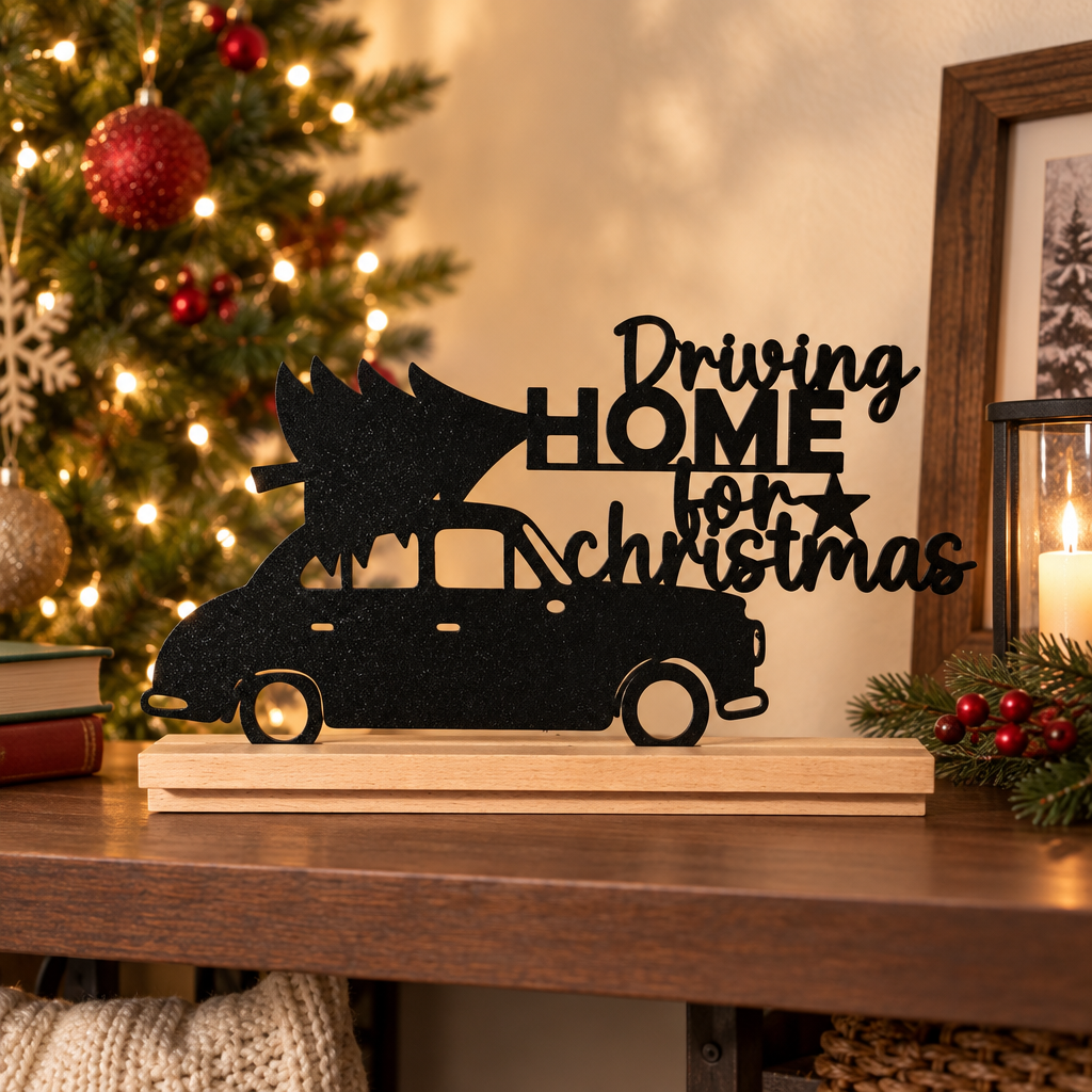Black car-and-tree Christmas sign displayed on a shelf beside a Christmas tree