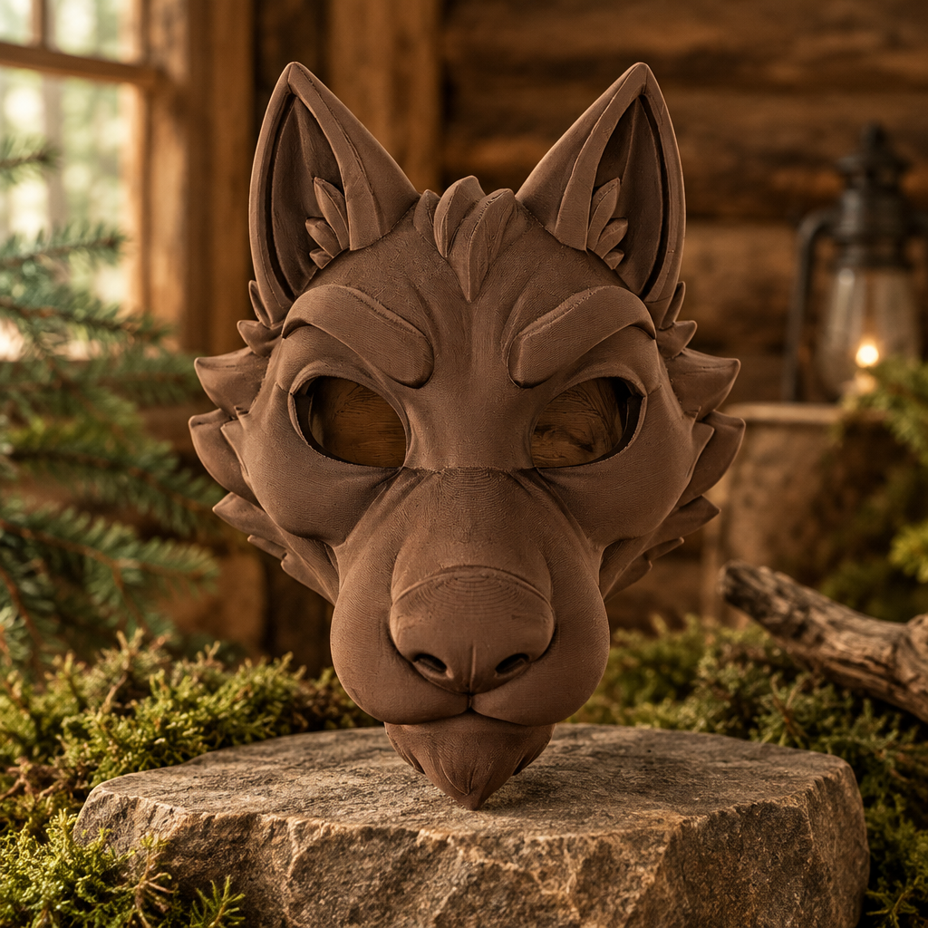 Warm brown Dire Wolf fantasy mask on display in a rustic woodland setting, without a strap