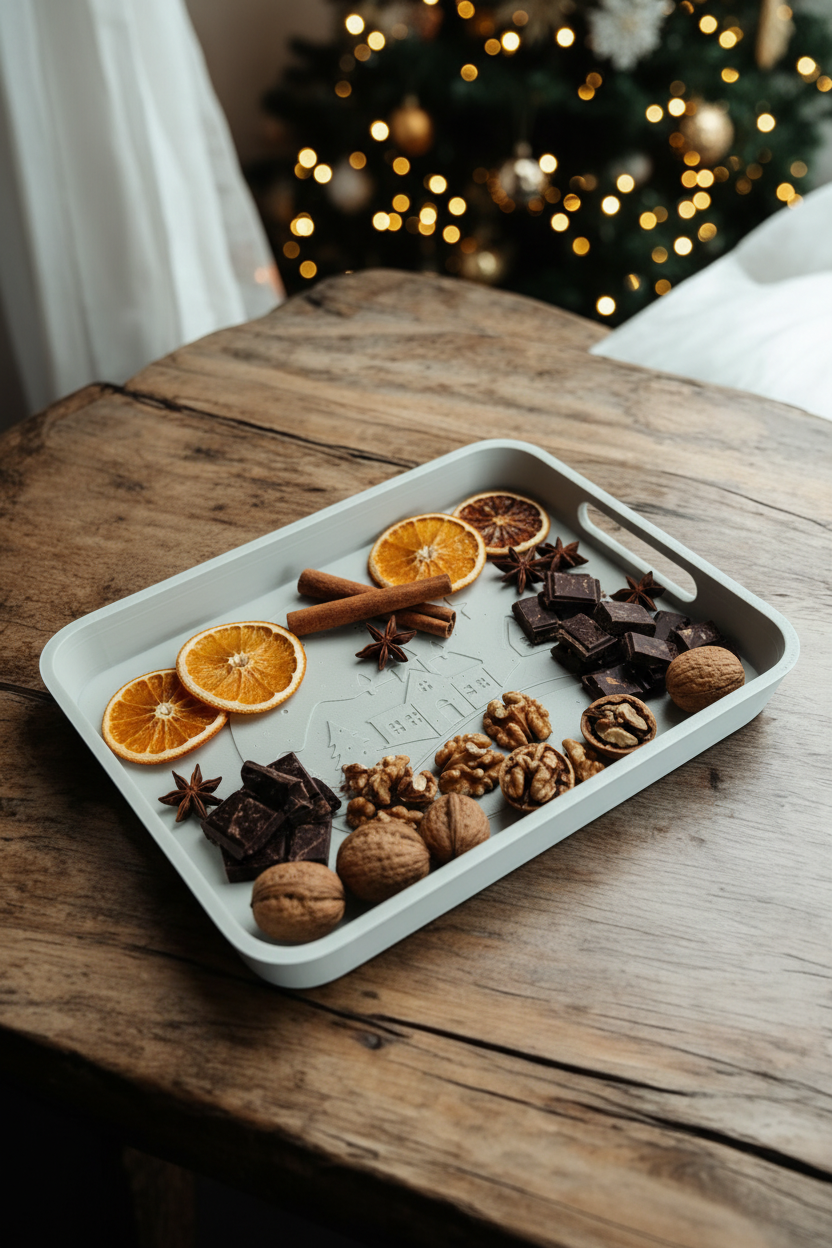 Winter village tray as festive snack board with dried fruits nuts and chocolate lifestyle