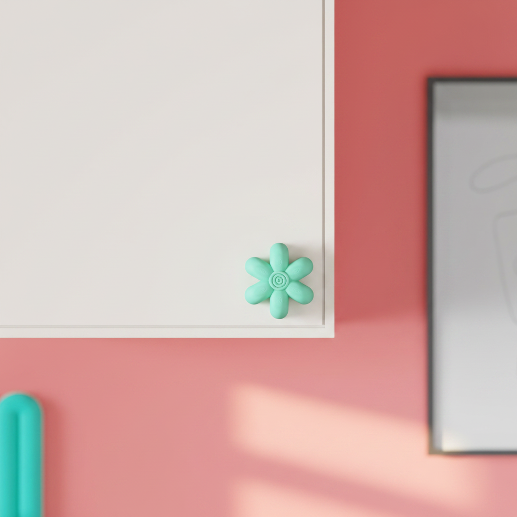 Wibble Cabinet Handle on Shaker kitchen cabinet — teal lifestyle