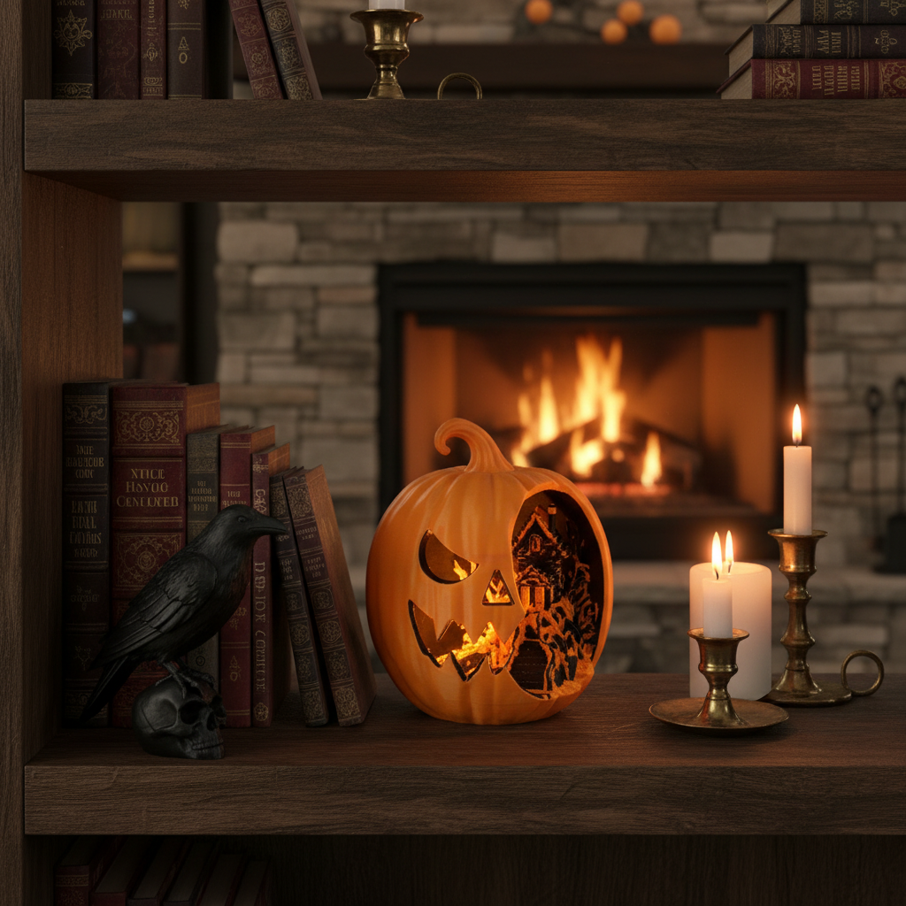 Jack-o'-Lantern Diorama on dark bookshelf with gothic décor — cosy Halloween living room