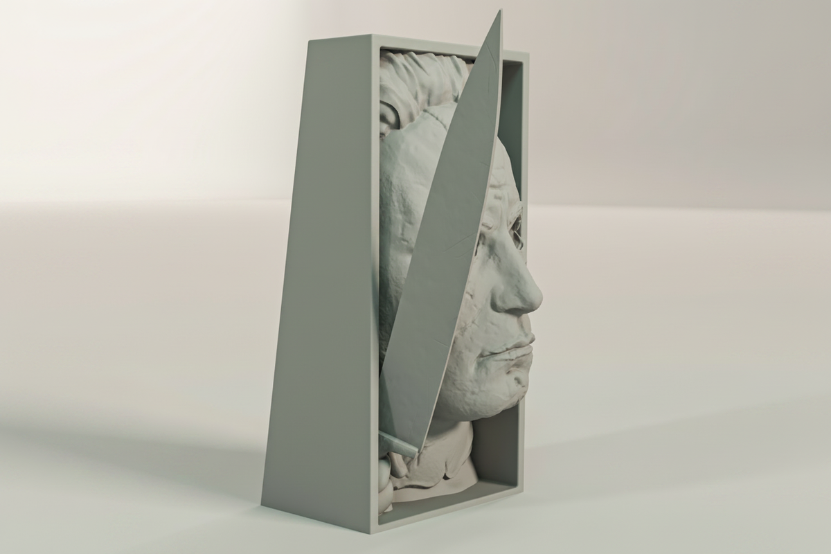 Jason Voorhees book nook relief sculpture grey framed box side profile full three dimensional depth pale cracked mask knife blade extending diagonally neutral studio raking side light landscape editorial