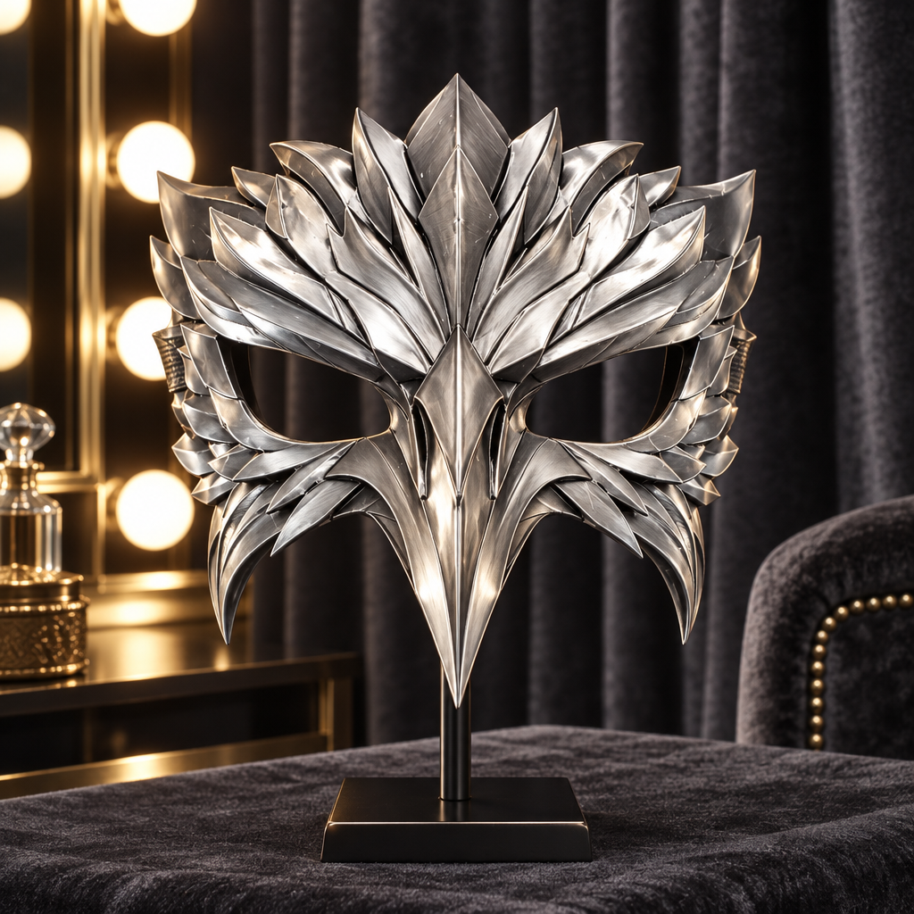 Silver feathered Raven Wraith mask in a theatre dressing room, strap not included