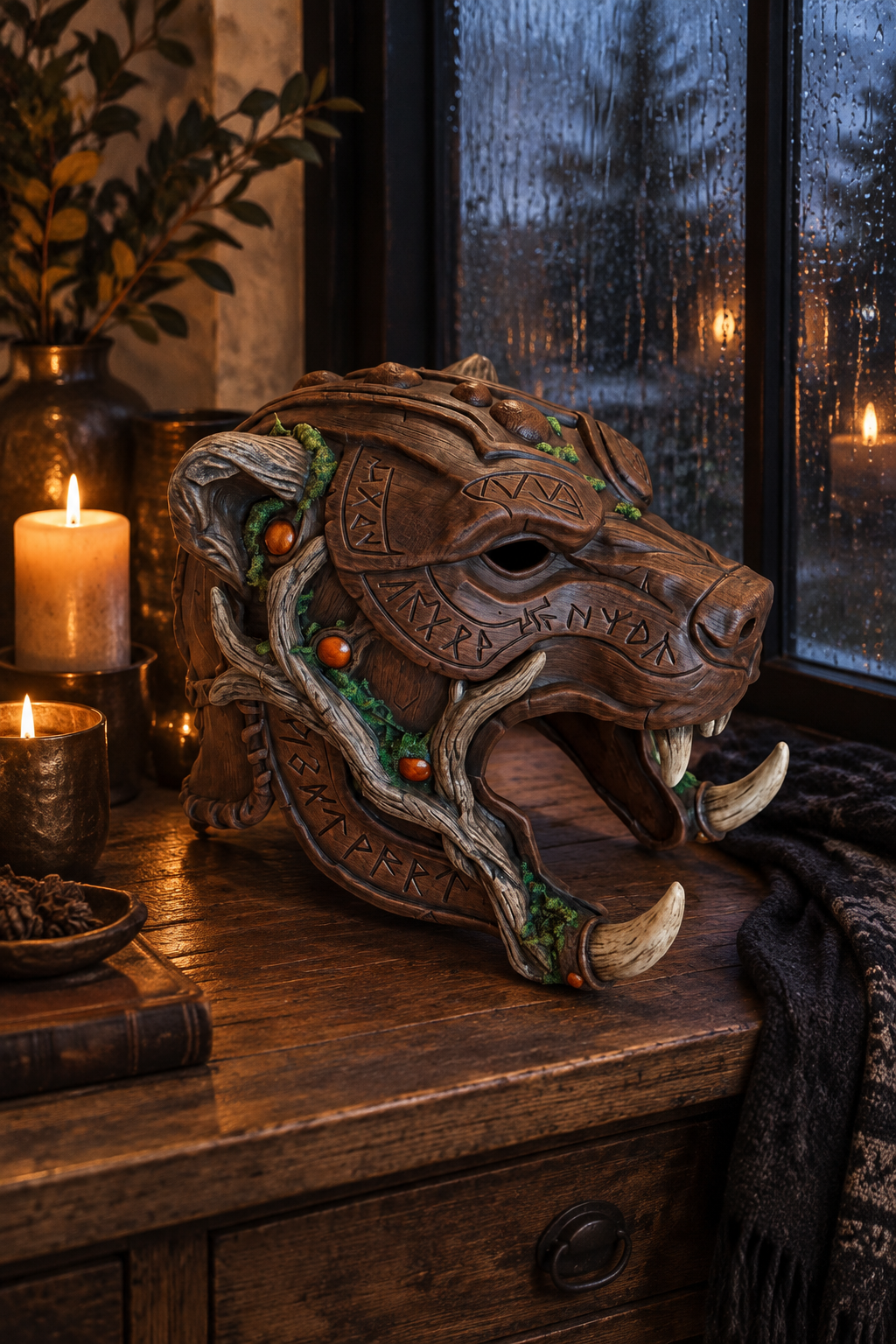 Runic Beast Mask displayed beside a rain-streaked window with candlelight