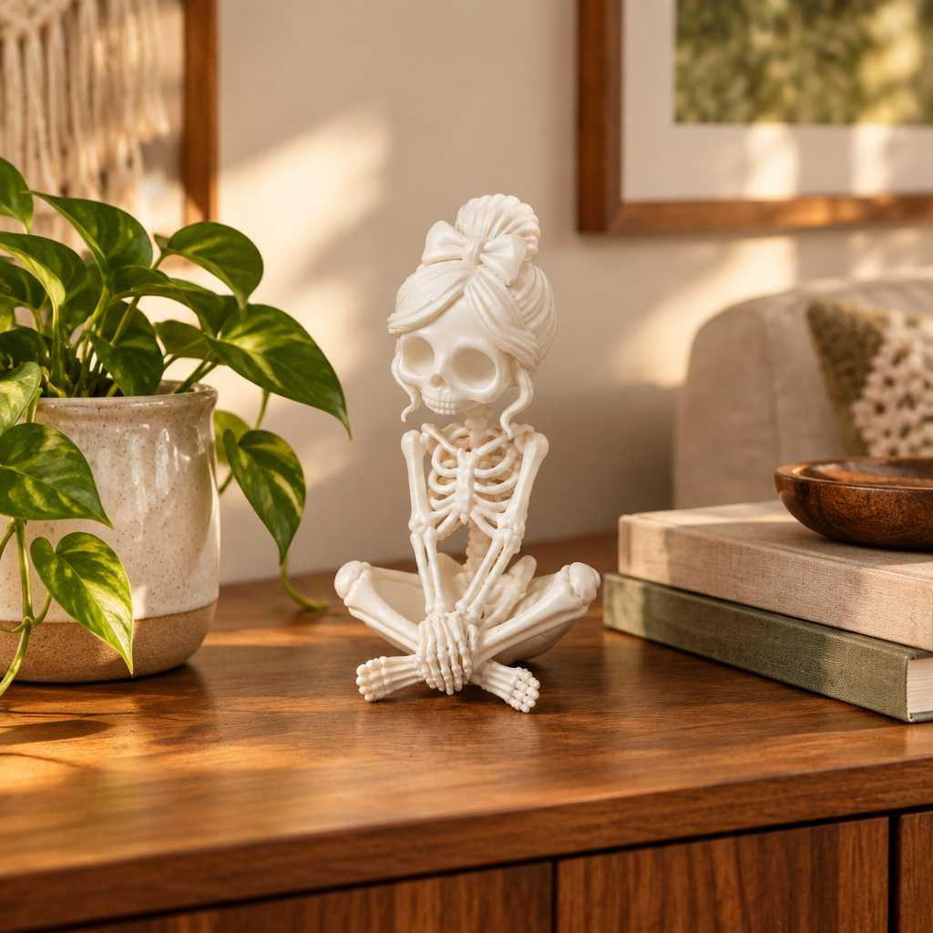 Lady Skeleton All Shy styled on a living room console
