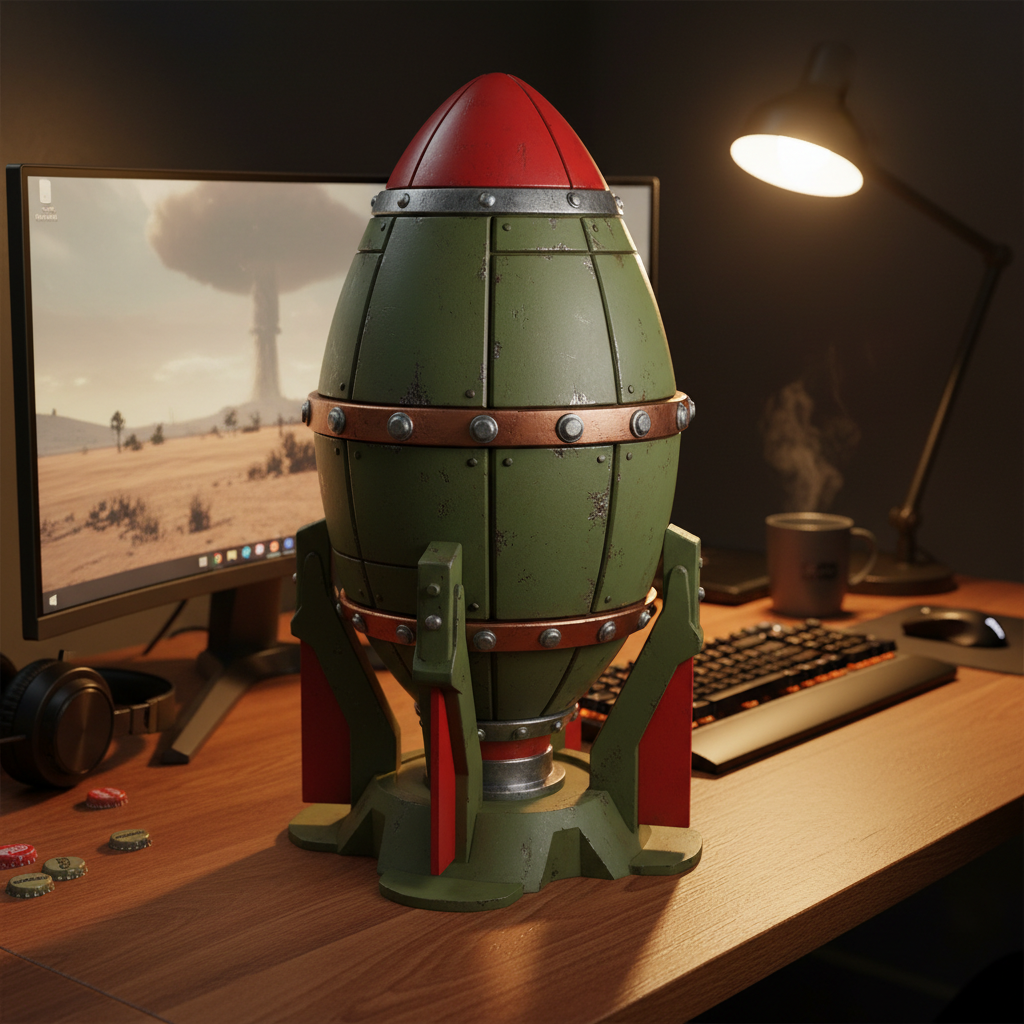 Fallout Mini Nuke display model on wooden desk beside monitor and keyboard