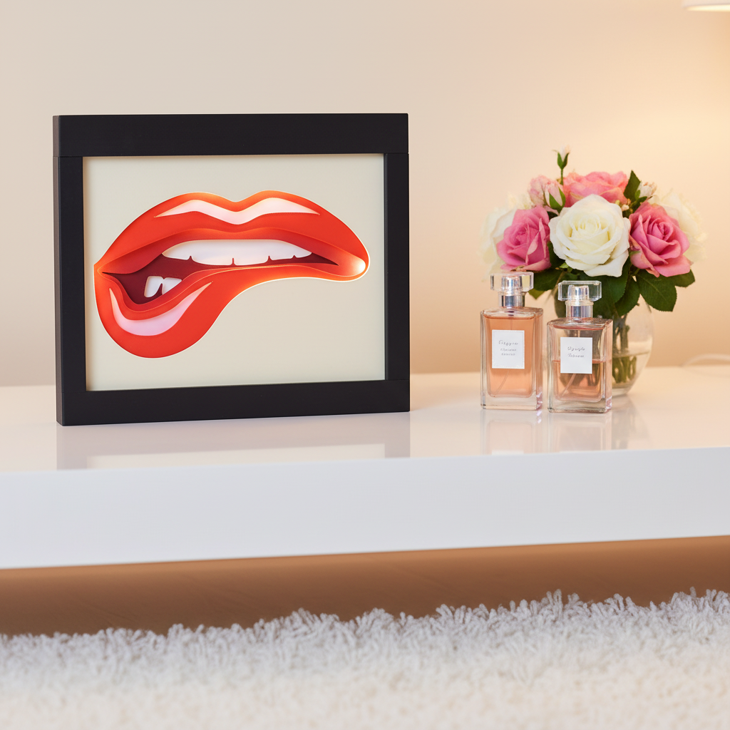Lips Shadow Box displayed on a white vanity table with perfume bottles and flowers