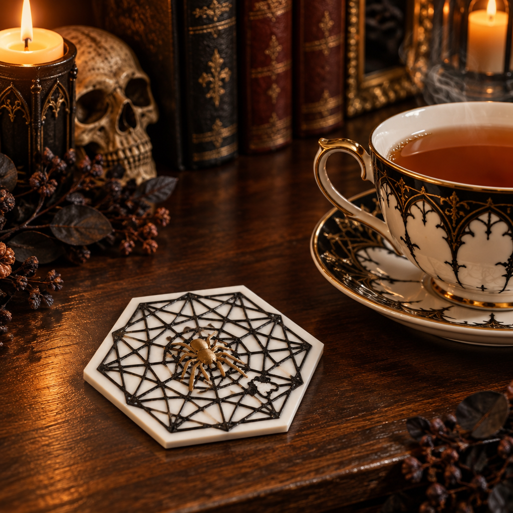 Spider Web Coaster in gothic bookshelf nook