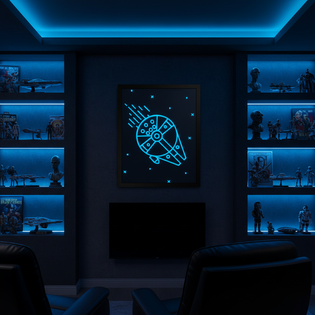 Millennium Falcon neon line art shadow box on a dark home cinema wall with sci-fi collectibles and blue LED lighting