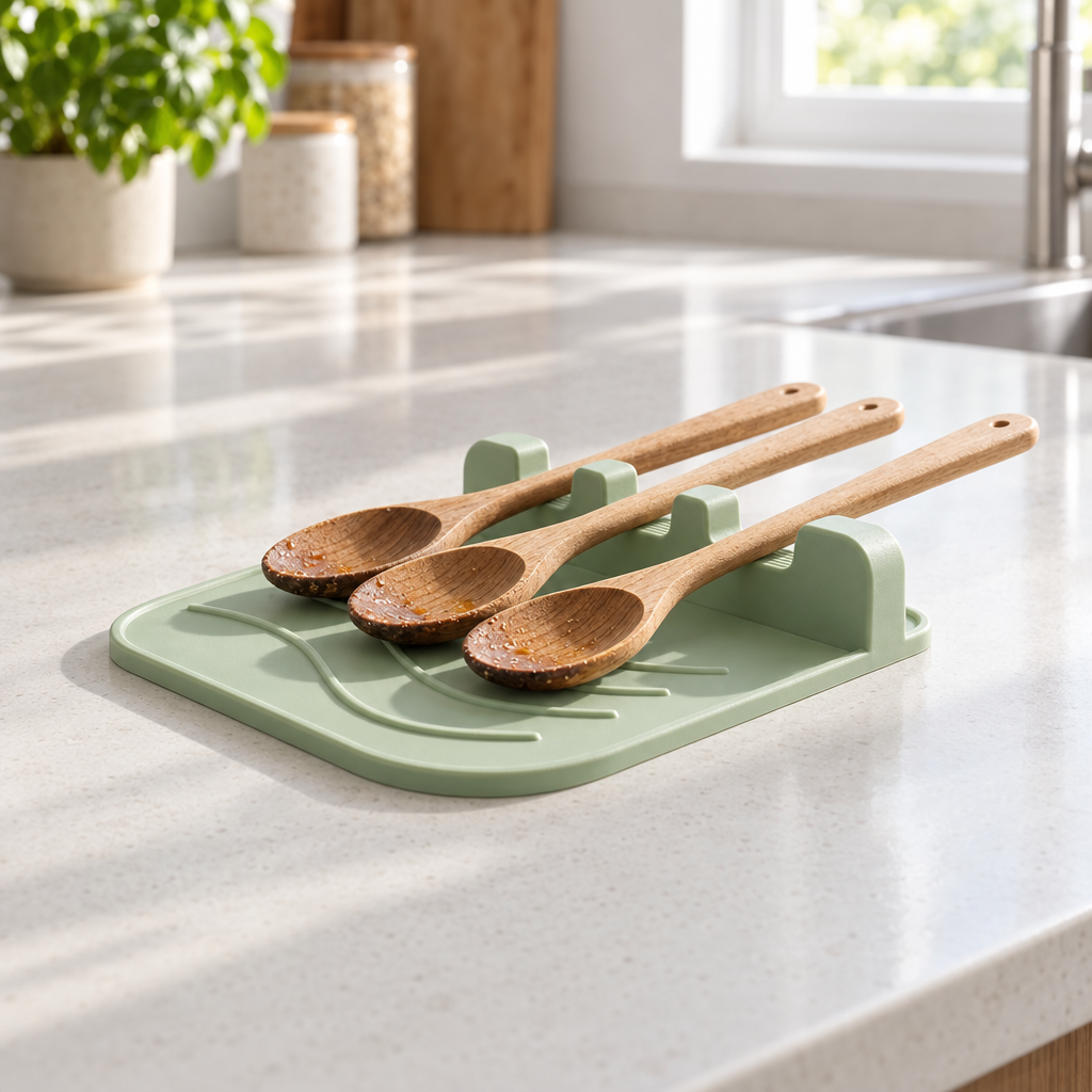 CookSitter with three spoons on quartz counter