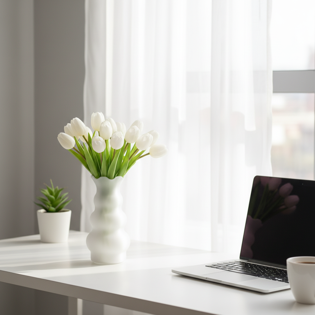 Matte white tulip-inspired vase with fresh white tulips on a minimalist white desk