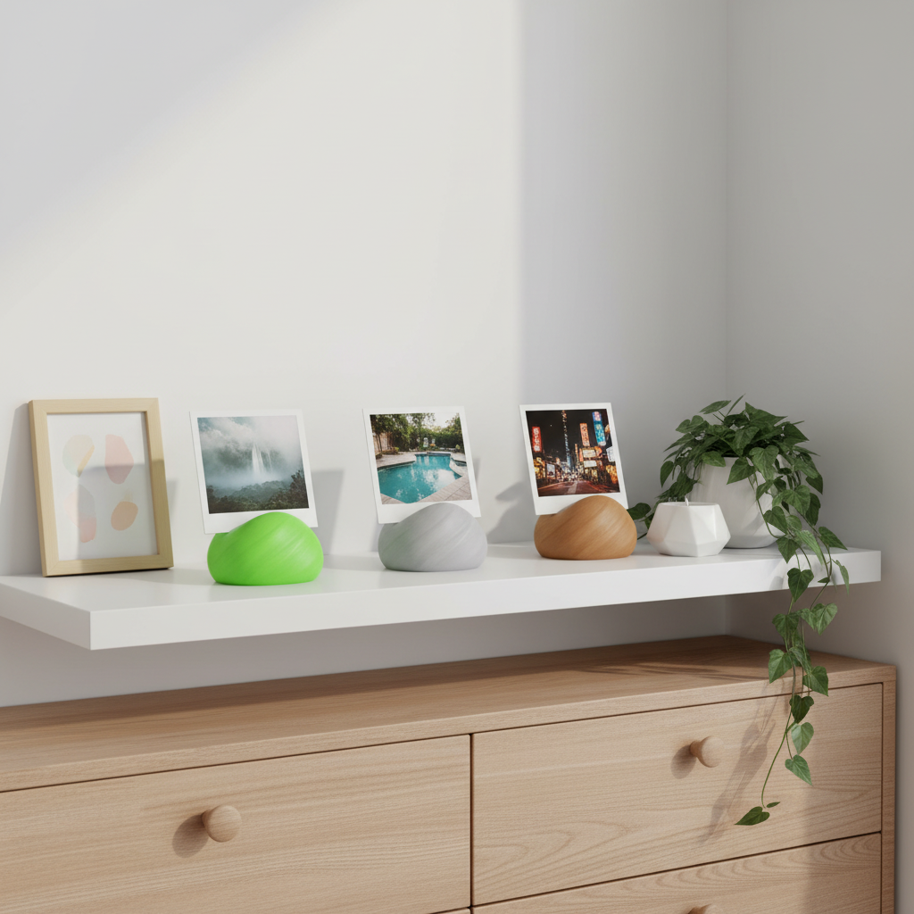Three Swirl Base Photo Holders neon green soft grey warm brown matte pebble swirl twist texture each holding polaroid print white floating wall shelf small framed prints trailing ivy geometric candle holder bright contemporary minimal interior square editorial