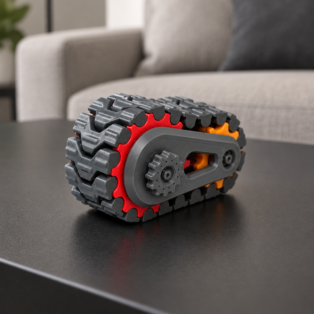 Grey tank tread fidget on a matte black coffee table