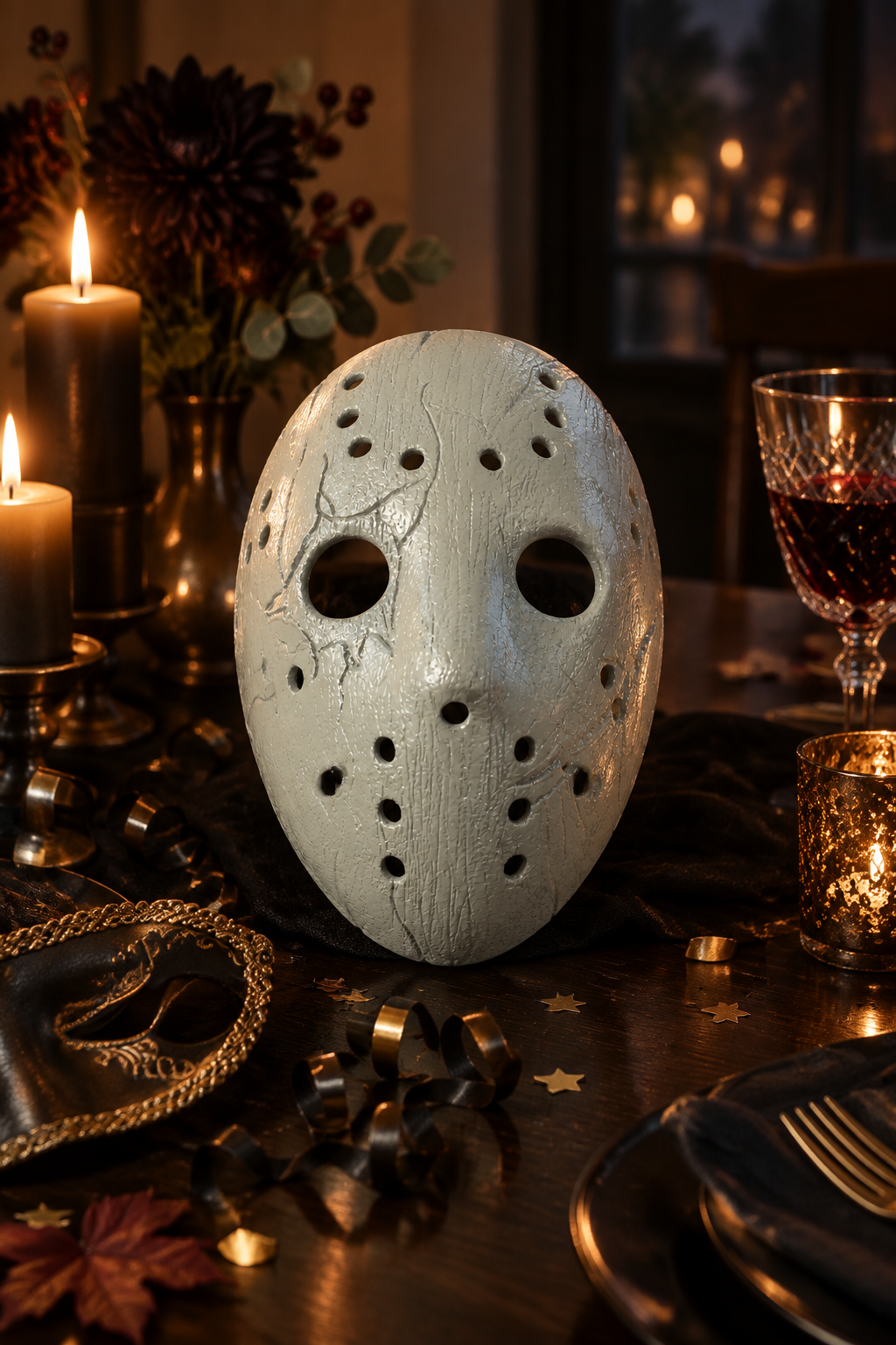 Pale weathered Jason Mask displayed on a dark dining table