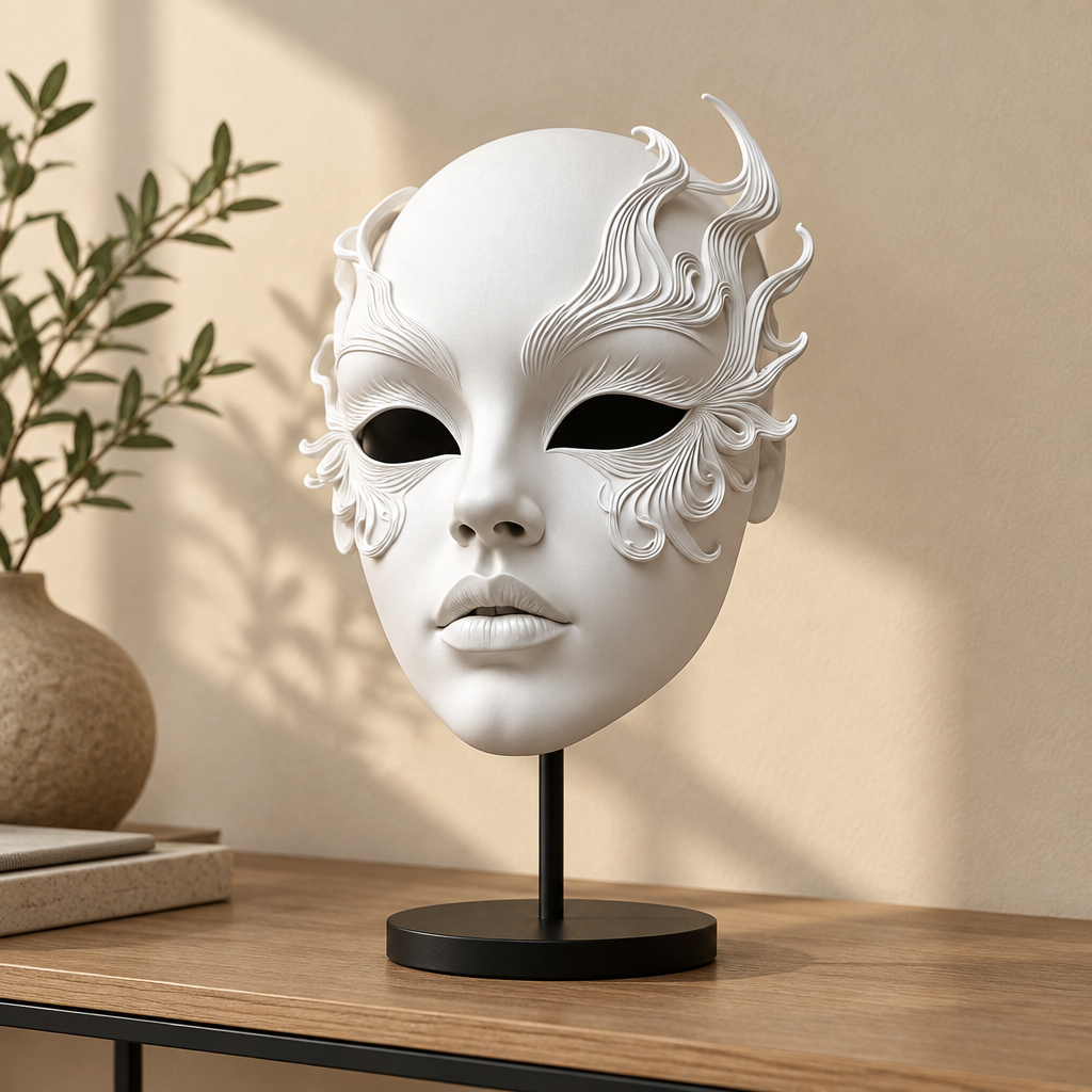 White ornate Halloween mask displayed on a minimalist console table