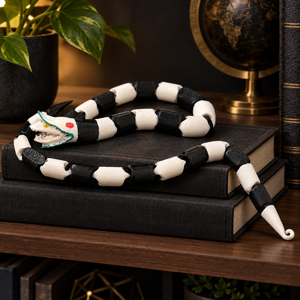 Black and white snake fidget arranged across dark books on a shelf