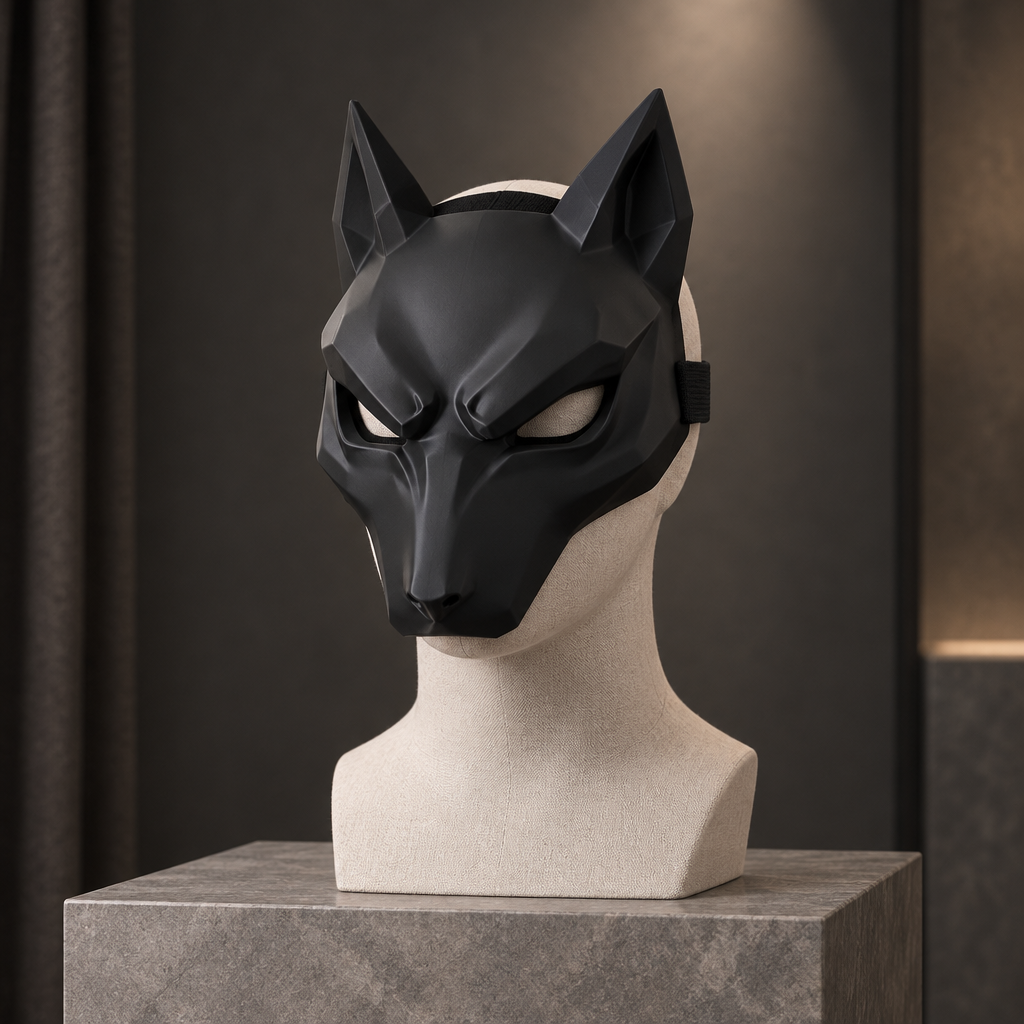 Black angular Kitsune Wolf Mask displayed on a pale mannequin bust